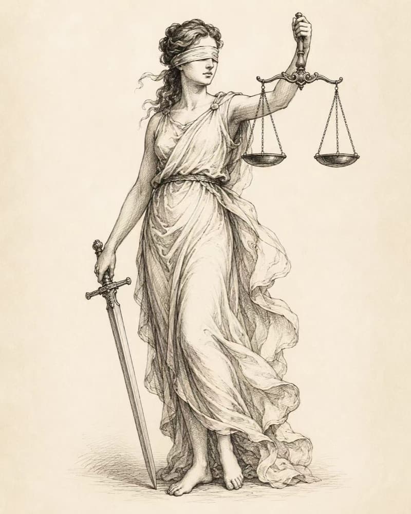 A line drawing of blindfolded Justice holding scales and a sword